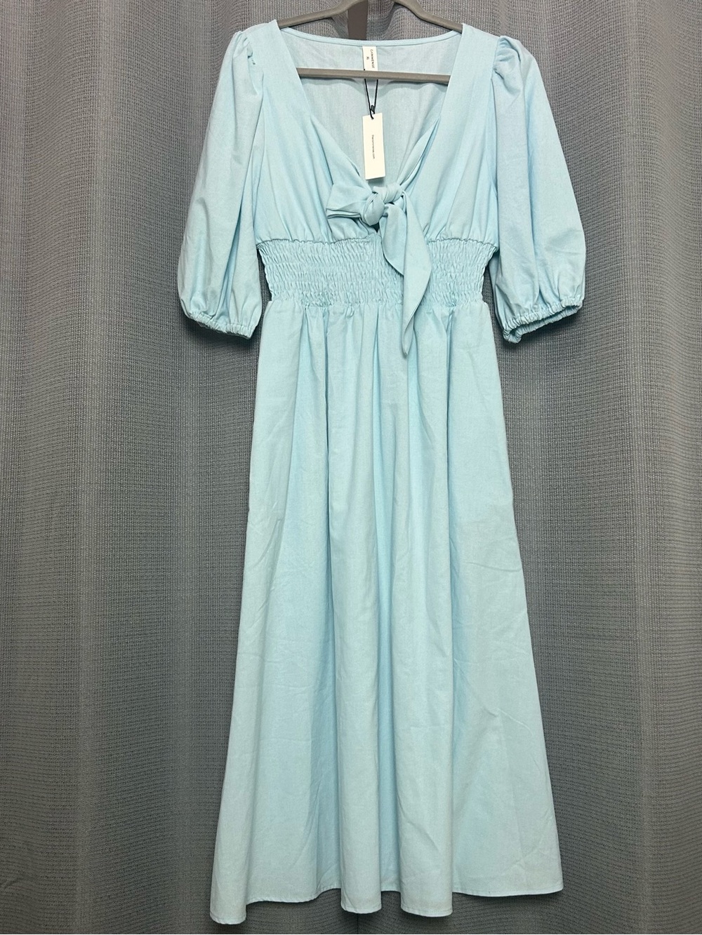 Commense Linen Cotton Front Tie Midi Dress Blue Tie-Front Puff Sleeve Dress